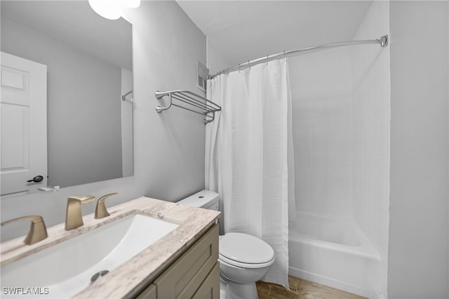 full bathroom with vanity, toilet, and shower / bathtub combination with curtain