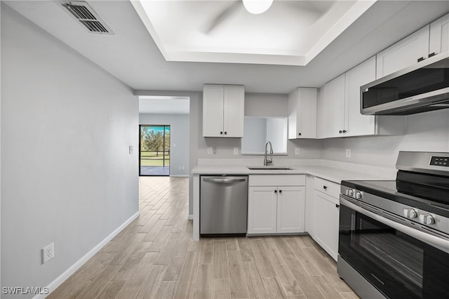 kitchen featuring light hardwood / wood-style flooring, stainless steel appliances, a tray ceiling, sink, and white cabinetry