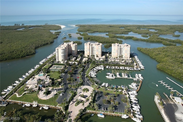 drone / aerial view with a water view