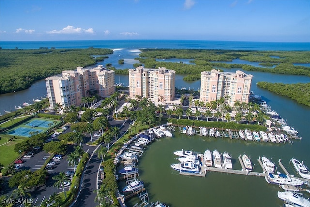 drone / aerial view featuring a water view