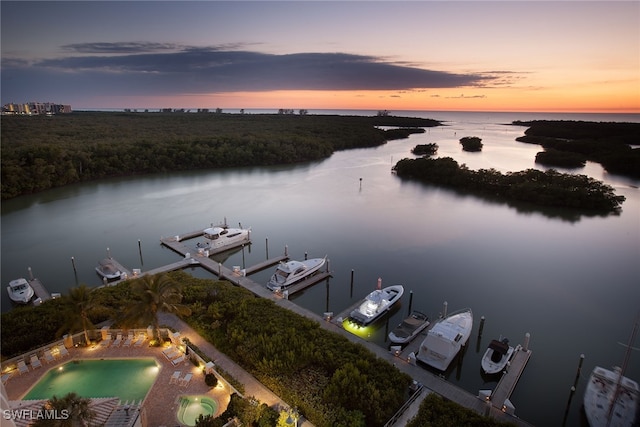 view of water feature with a dock