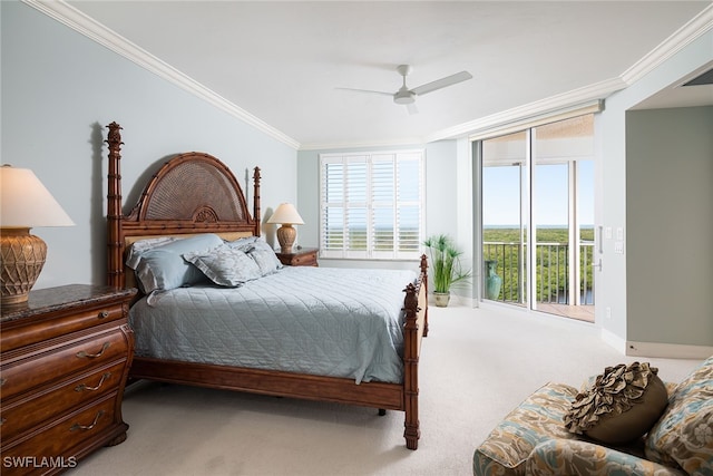 bedroom with ornamental molding, access to exterior, carpet, and ceiling fan