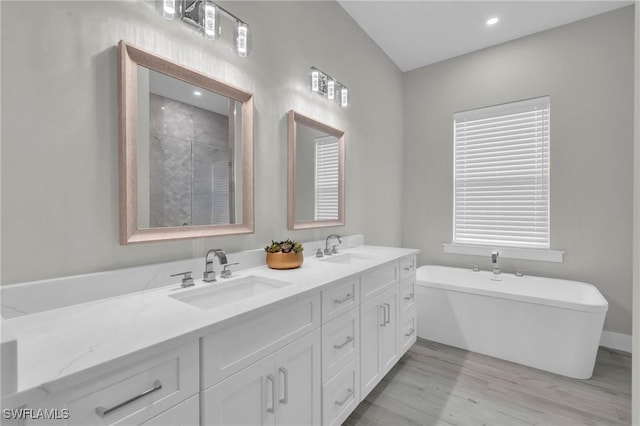 bathroom with double vanity, wood finished floors, a freestanding tub, and a sink