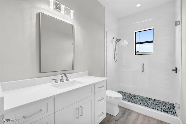 bathroom with vanity, a shower stall, toilet, and wood finished floors