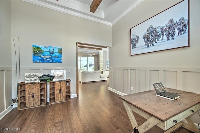 corridor with beam ceiling, dark wood-type flooring, and crown molding