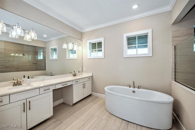 bathroom featuring vanity, crown molding, and separate shower and tub