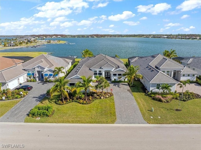 drone / aerial view with a residential view and a water view