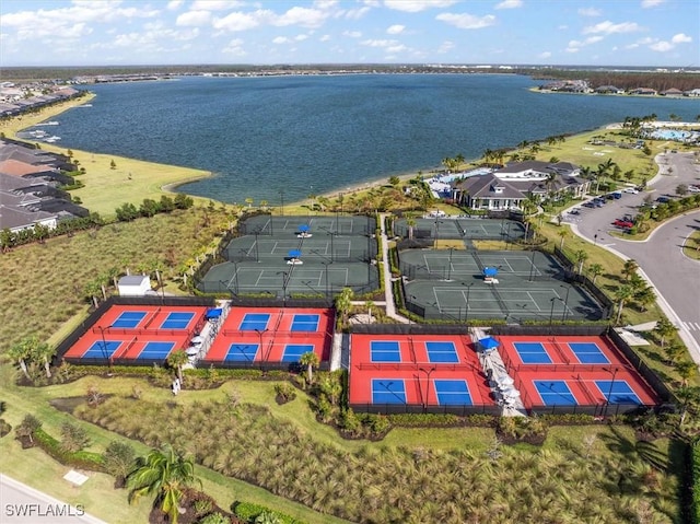 bird's eye view with a water view