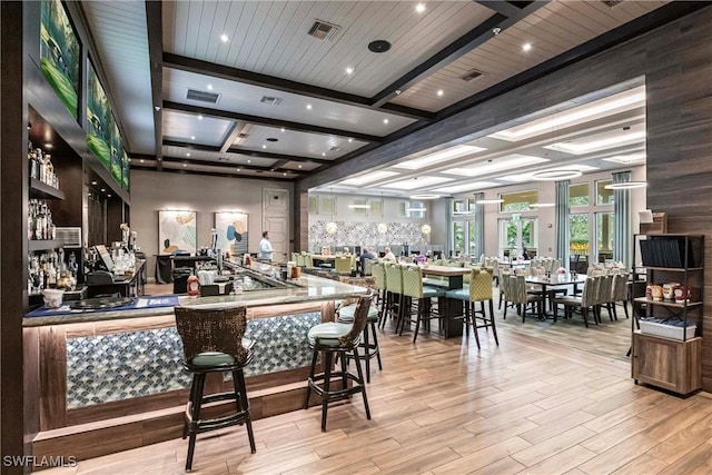 bar with wooden ceiling and beam ceiling