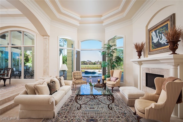 interior space with crown molding, a tray ceiling, and a high ceiling