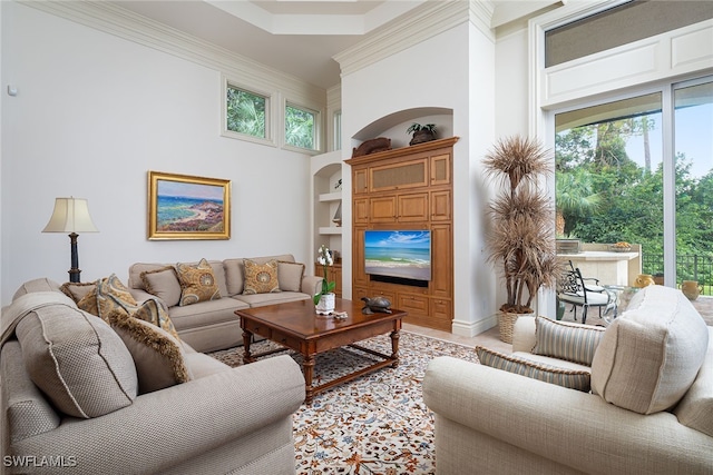 living room featuring ornamental molding and built in features