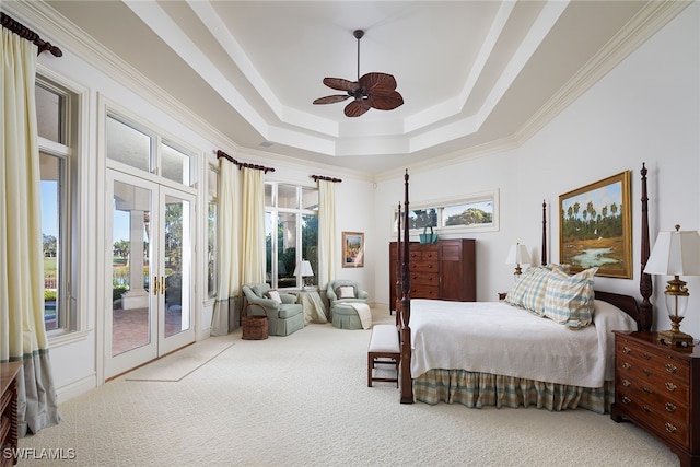 carpeted bedroom with ornamental molding, access to outside, french doors, and ceiling fan