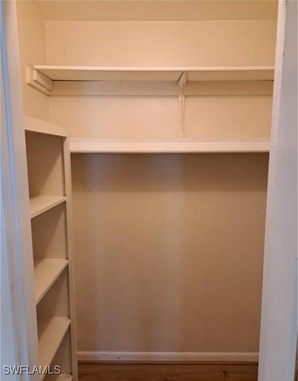 walk in closet with dark hardwood / wood-style floors