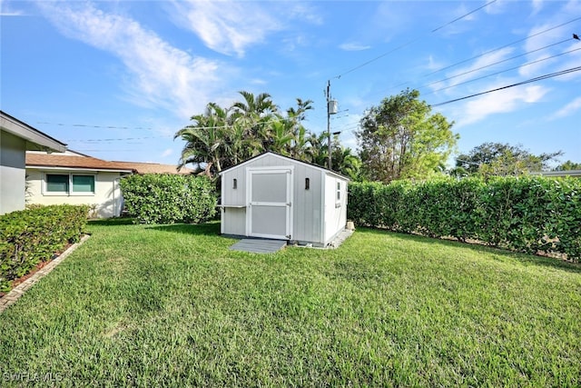 view of yard featuring a storage unit