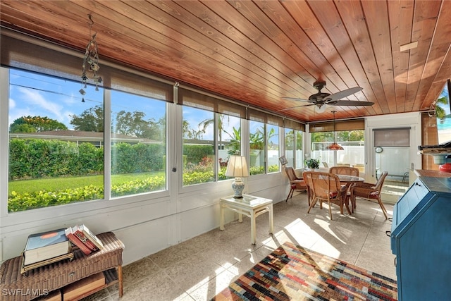 sunroom featuring ceiling fan and wood ceiling