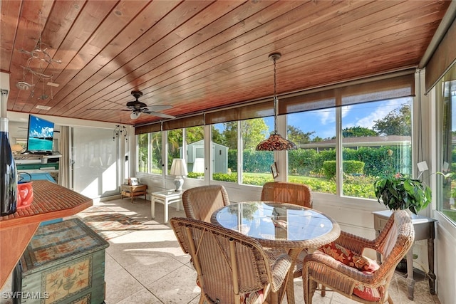 sunroom featuring a wealth of natural light, wood ceiling, and ceiling fan