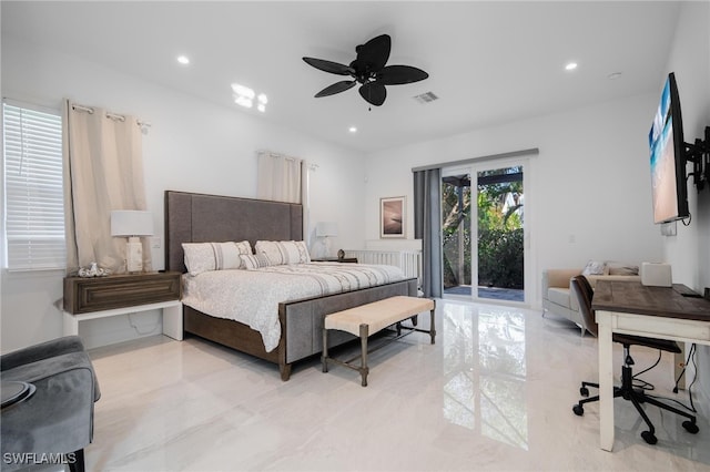 bedroom with access to outside and ceiling fan