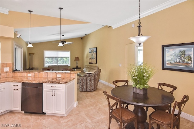 kitchen with dishwasher, hanging light fixtures, white cabinets, and vaulted ceiling