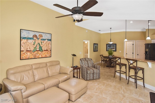 living room featuring high vaulted ceiling, ceiling fan, and crown molding