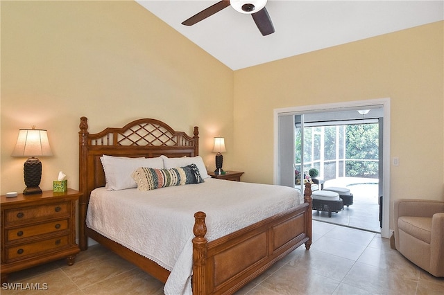 9812 Fathom Ct, Fort Myers, FL 33919 - bedroom with access to outside, high vaulted ceiling, a ceiling fan, and light tile patterned flooring