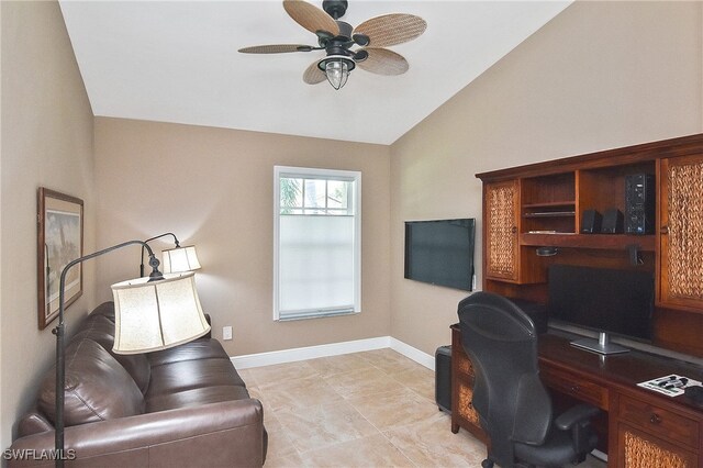 9812 Fathom Ct, Fort Myers, FL 33919 - office featuring lofted ceiling, ceiling fan, and baseboards