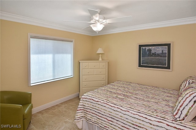 bedroom with ornamental molding and ceiling fan