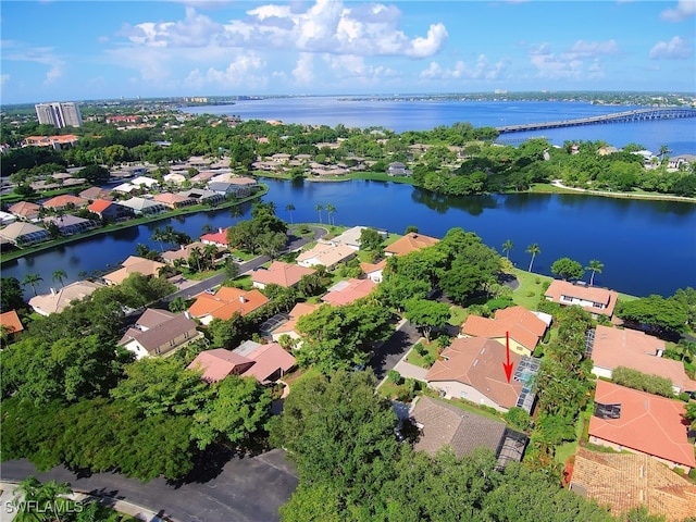 drone / aerial view featuring a water view