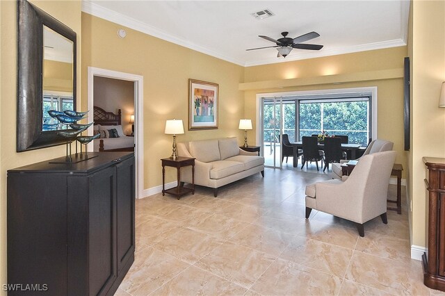 9812 Fathom Ct, Fort Myers, FL 33919 - living room with a ceiling fan, ornamental molding, and baseboards