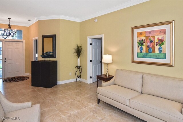 9812 Fathom Ct, Fort Myers, FL 33919 - living area with a chandelier, ornamental molding, and baseboards