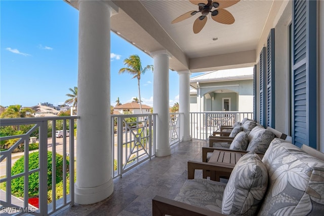 balcony featuring ceiling fan