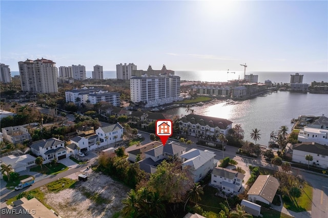 drone / aerial view featuring a water view