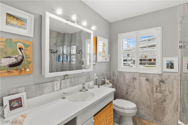 bathroom with vanity, tile walls, and toilet