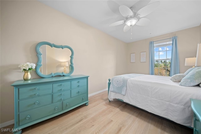 bedroom featuring ceiling fan and light hardwood / wood-style flooring