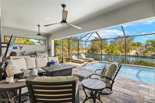 view of patio with outdoor lounge area, a water view, a lanai, and a grill