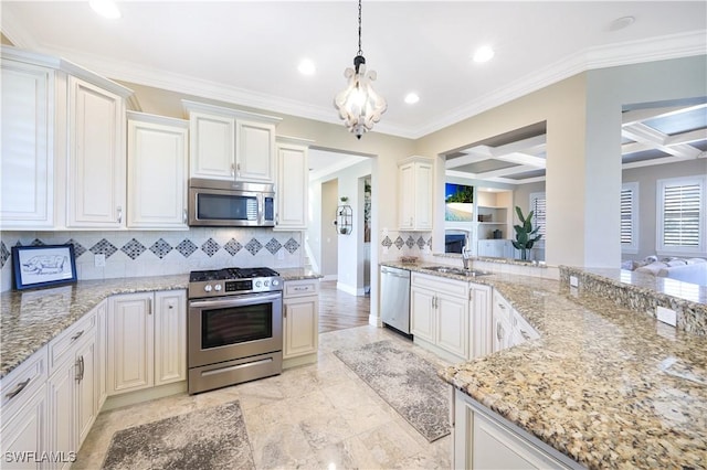 kitchen with decorative backsplash, coffered ceiling, appliances with stainless steel finishes, beamed ceiling, and a sink