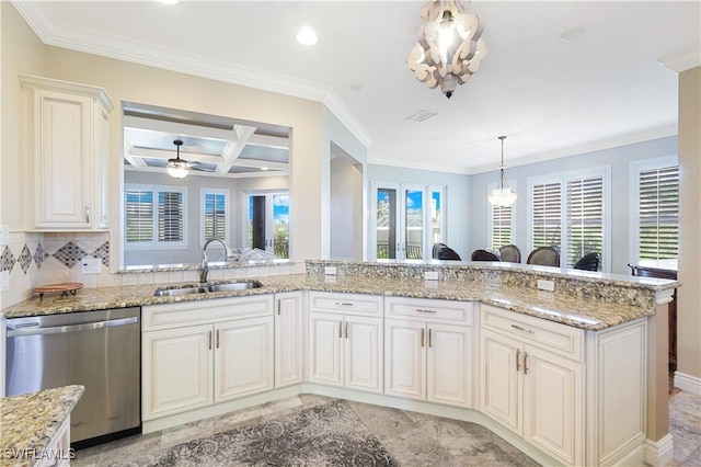 kitchen featuring stainless steel dishwasher, coffered ceiling, a sink, and light stone counters