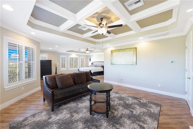 living room with coffered ceiling, wood finished floors, visible vents, and baseboards