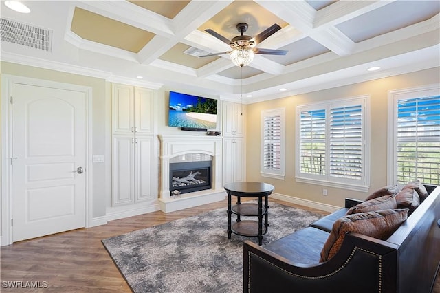 living room featuring visible vents, coffered ceiling, wood finished floors, beamed ceiling, and a fireplace