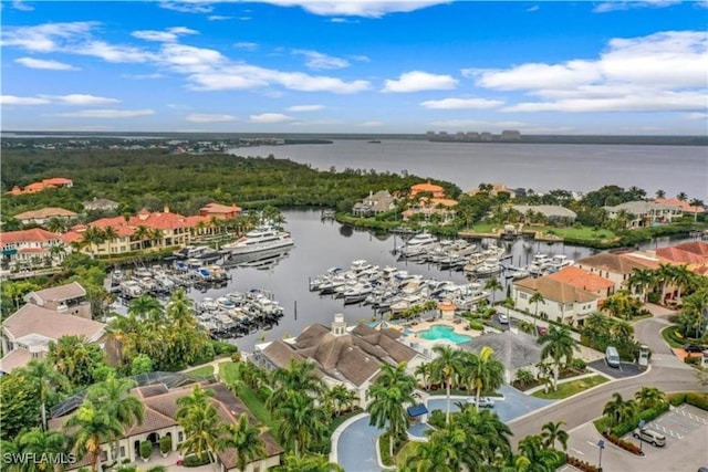 aerial view featuring a water view