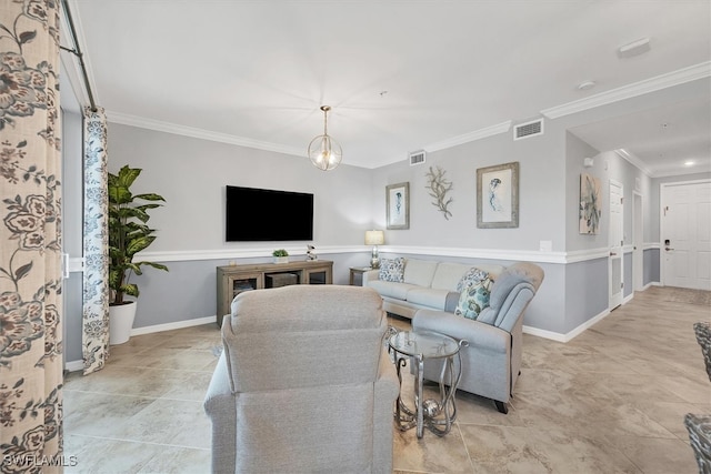 living room with ornamental molding and an inviting chandelier