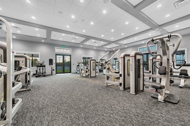 workout area with coffered ceiling, carpet, and french doors