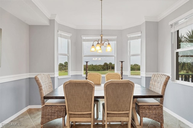 tiled dining space featuring a wealth of natural light, a notable chandelier, and ornamental molding