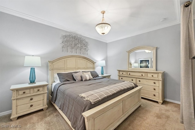 carpeted bedroom with ornamental molding