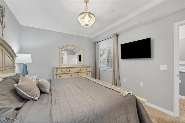 bedroom with light carpet, an inviting chandelier, and crown molding