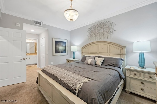 bedroom with connected bathroom, light colored carpet, and ornamental molding