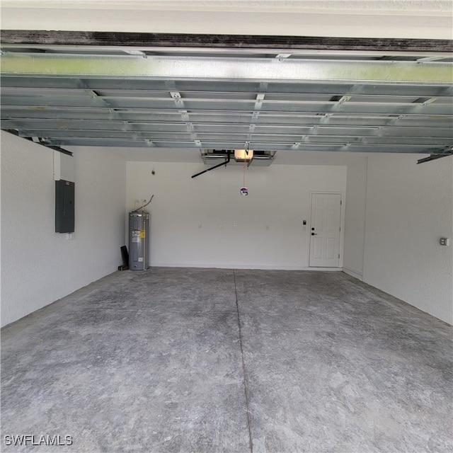 garage with electric panel and water heater