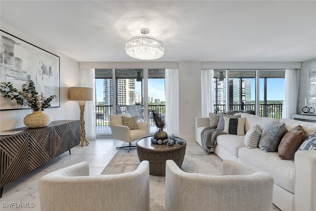 living room featuring an inviting chandelier