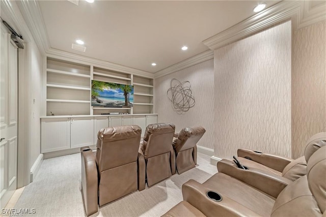 home theater featuring ornamental molding, light colored carpet, and built in shelves