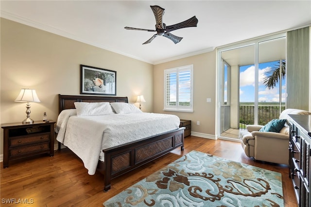 bedroom with ceiling fan, floor to ceiling windows, dark hardwood / wood-style floors, ornamental molding, and access to outside