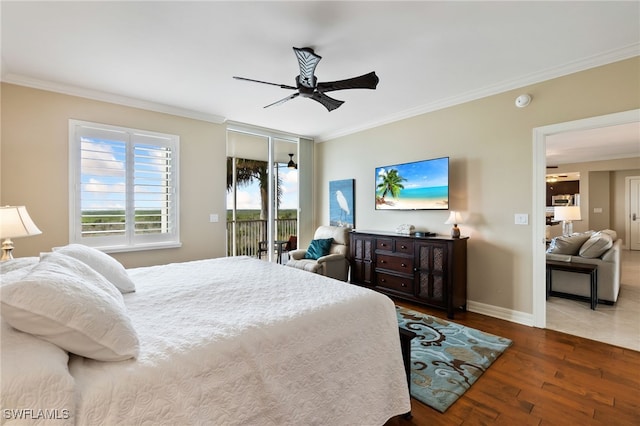 bedroom with hardwood / wood-style floors, ornamental molding, access to outside, and ceiling fan